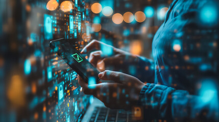 A person is using a cell phone with a green check mark on it