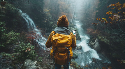 A person is standing in front of a waterfall with a backpack and a cell phone