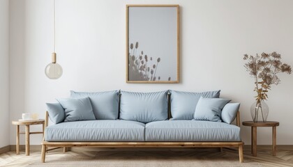 Family room with a light blue sofa and mock-up poster on the wall, 3D render