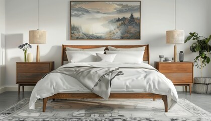 Minimalist bedroom with plush bed, white linens, and modern lamps