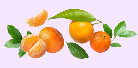 Fresh ripe tangerines and green leaves in air on pink background