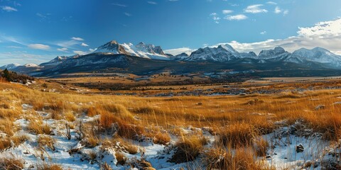 View of a snowy meadow with rocky mountain peaks in the background.