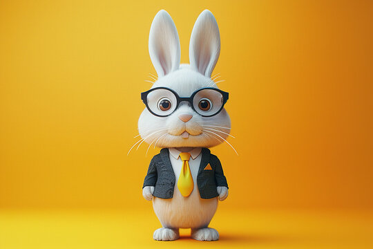 Cute White Rabbit Figurine with Glasses and Bow Tie on a Bright Yellow Background Displaying Whimsy