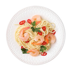 Tasty spaghetti with shrimps, chili pepper and parsley isolated on white, top view
