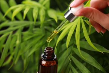 Woman dripping essential oil from pipette outdoors, closeup