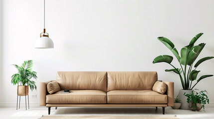 Beige leather sofa in modern living room with plants