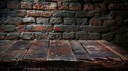 Old wooden table with brick background dark, generative ai