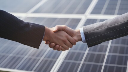 Handshake Of People, Closeup, Solar Panel Prototype, And Sustainable Cooperation. Zoom, Men And Employees Collaborate, Go Green, Or Meet, Eco-friendly Business Deal