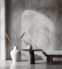 Aesthetic elegant minimalist interior design. Concrete effect paint in the room. Decorative stucco on the walls. Copy space. Clean apartment for decoration. Japandi, scandi style. Neutral colors.