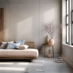 Aesthetic elegant minimalist interior design. Concrete effect paint in the room. Decorative stucco on the walls. Copy space. Clean apartment for decoration. Japandi, scandi style. Neutral colors.