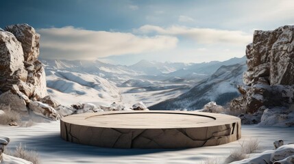 podium product stand or display with rock, snow, sky background and cinematic light