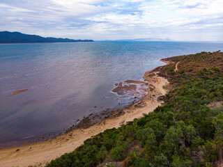 aerial drone panorama of cape pallarenda in townsville, north queensland, australia; remainings of forts in strategic defence location during the war near magnetic island	