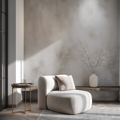 Aesthetic elegant minimalist interior design. Concrete effect paint in the room. Decorative stucco on the walls. Copy space. Clean apartment for decoration. Japandi, scandi style. Neutral colors.