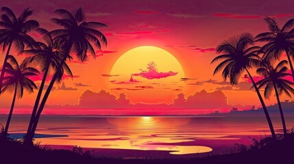 Sunset background with palm trees.