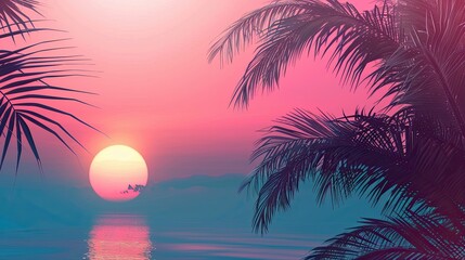 Sunset background with palm trees.