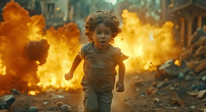 Child running away from war explosion (mov) made with Ai generate technology, person is fictional