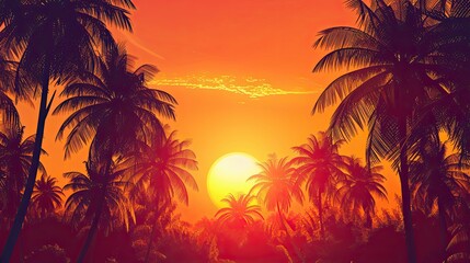 Sunset background with palm trees.