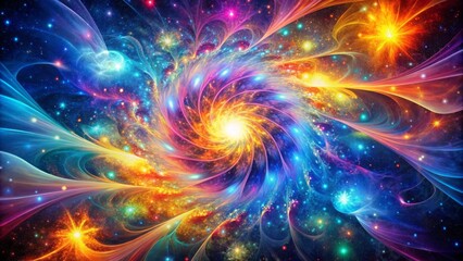Vibrant, kaleidoscopic explosion of radiant colors and swirling patterns against a dark, starry background, evoking a mesmerizing sense of cosmic energy and dynamism.