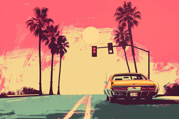 A classic car driving on the road in the 1970s, palm trees and a traffic light on the road
