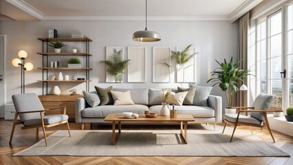 Sleek, low-profile scandinavian-inspired living room featuring a minimalist couch, polished coffee tables, and subtle decorative accents, exuding calming serenity.