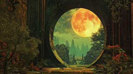 Futuristic portal in a fantasy landscape for science fiction and fantasy designs