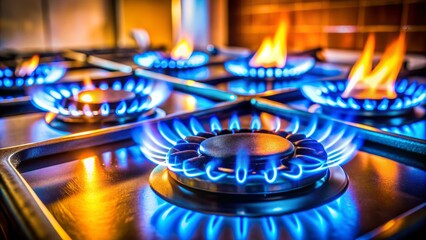 Vibrant blue flames dance across a domestic kitchen stove top, evoking a sense of warmth and energy, with subtle orange undertones and a blurred background.