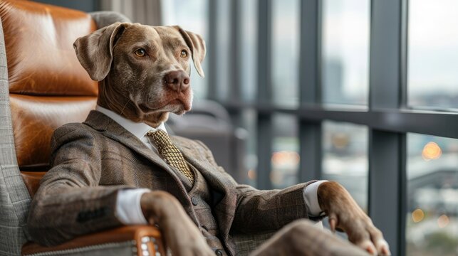 A stylish dog in a suit sitting on an armchair in a modern office space with large windows and city views.