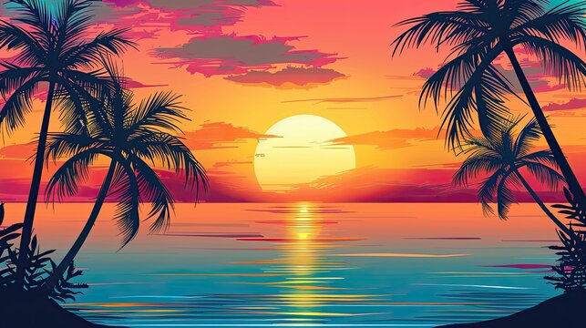Sunset background with palm trees.