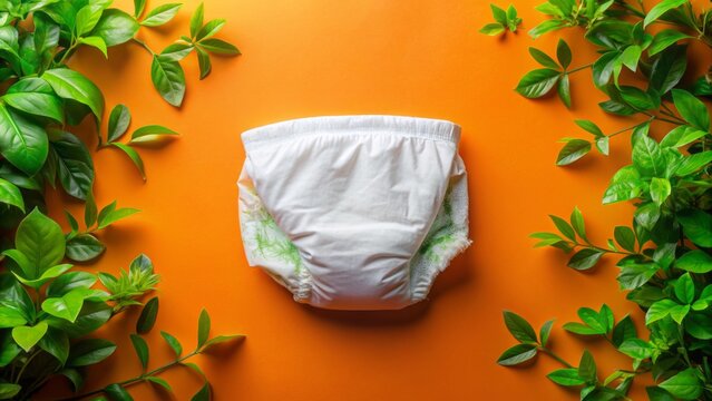 Eco-friendly and biodegradable disposable diaper on vibrant orange background surrounded by lush green leaves, symbolizing environmentally responsible parenting, with ample copy space.
