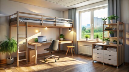 Cozy student dormitory room interior featuring a bunk bed, desk, and chair, with minimal decorations and natural light streaming through the window.