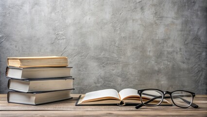 Simple gray background with empty banner and scattered books, glasses, and a notebook, ideal for educational or coaching-related text overlays.