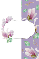 Magnolias on a purple and white background. Card with pink flowers with free space for text. Watercolor illustration