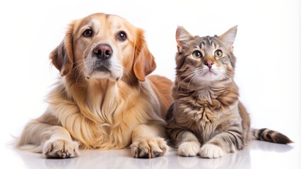 Adorable golden retriever dog and curious cat lying side by side on a pristine white background, gazing up with endearing expressions, ample space for branding.