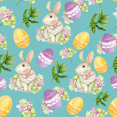Easter elements on a blue background. Pattern with Bunnies, Flowers, leaves and Easter yellow and purple eggs. Watercolor illustration