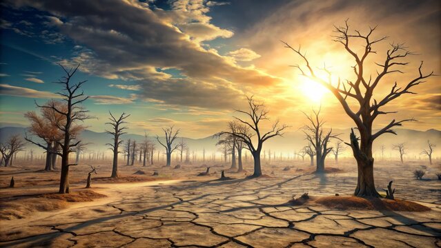 Barren, cracked earth, withered trees, and lifeless landscapes stretch towards a hazy, polluted sky, conveying a desolate, post-apocalyptic atmosphere, ravaged by climate change.