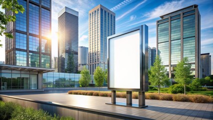 Blank urban billboard mockup awaits ads in front of modern high-rise building under clear blue sky with sleek architecture and cityscape in background.