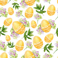 Easter elements on a white background. Pattern with flowers, leaves and Easter yellow eggs. Watercolor illustration.