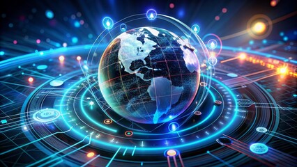 Fototapeta premium Futuristic holographic projection of a rotating globe surrounded by orbiting technology icons, cables, and circuits, set against a dark gradient background with neon accents.