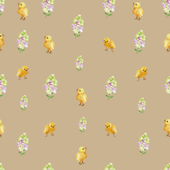 Easter elements on a beige background. Pattern with flowers, Easter yellow chickens. Watercolor illustration.