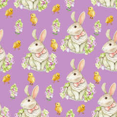 Easter elements on a pink background. Pattern with flowers, leaves and Easter yellow chickens and cute bunnies. Watercolor illustration.