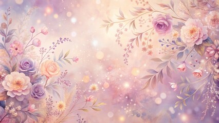 Soft, whimsical pastel gradient backdrop featuring delicate, hand-painted floral motifs in shimmering hues of rose, lavender, and peach, evoking a sense of dreamy elegance.