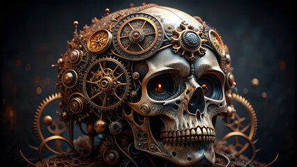 Fototapeta premium Intricately crafted steampunk skull adorned with brass gears, copper wires, and vintage clockwork mechanisms against a dark, mysterious, velvet-black background.