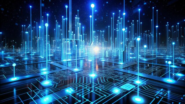 A futuristic, high-tech digital landscape featuring intricate circuits, glowing blue wires, and cryptic code streaming across a dark background, representing impenetrable cybersecurity.