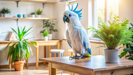 Vibrant blue and white cockatoo perched on a clutter-free wooden table in a modern, naturally lit room with cream-colored walls and a green plant nearby.