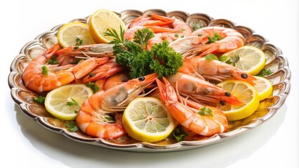 Freshly steamed succulent shrimp garnished with lemon wedges on a decorative platter against a clean white background evoking a sense of mouthwatering delight.