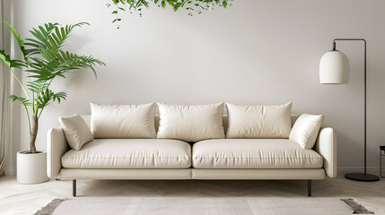 Beige leather sofa in modern minimalistic living room interior