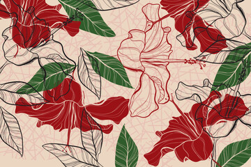 Tropical abctract flower wallpaper design with hibiscus flowers, line art, golden texture. Elegant botanical illustration suitable for fabric, prints, cover. © Nartco
