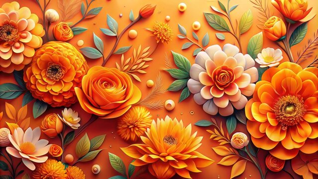 Vibrant watercolor orange floral background with 3d effect, featuring beautiful blooming flowers, ideal for wedding, birthday, card, or invitation designs.