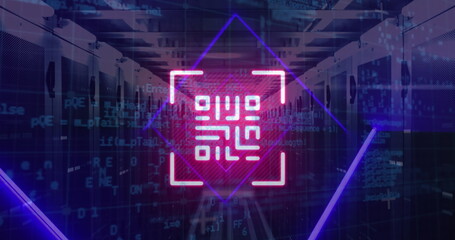 Image of qr code, neon lines, data processing over servers