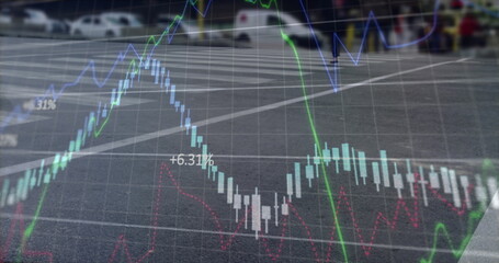 Image of multiple graph and numbers over time-lapse of low section of people crossing road
